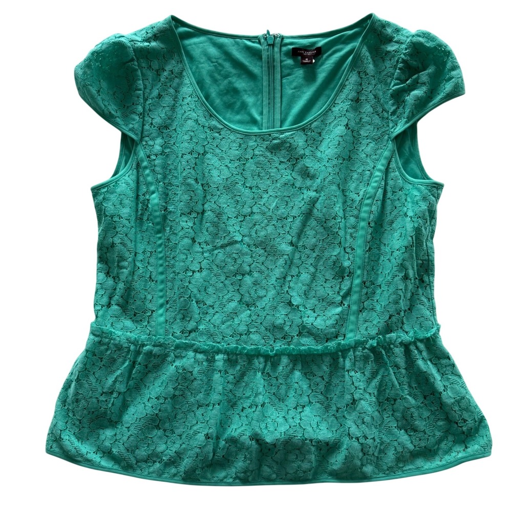 Ann Taylor‎ Teal Lace Peplum Cap Sleeve Zipper Back Top Women Size 8